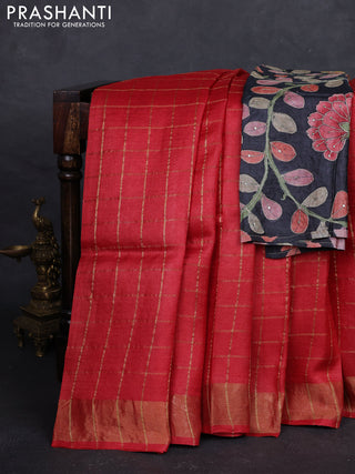 Red & Black Pure Tussar Silk - Kalamkari Blouse