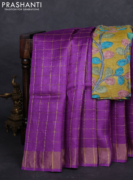 Purple & Mustard Yellow Pure Tussar Silk - Kalamkari Blouse