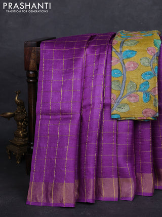 Purple & Mustard Yellow Pure Tussar Silk - Kalamkari Blouse