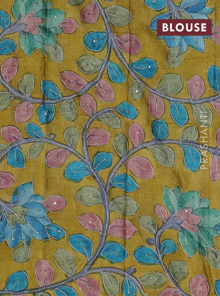 Purple & Mustard Yellow Pure Tussar Silk - Kalamkari Blouse