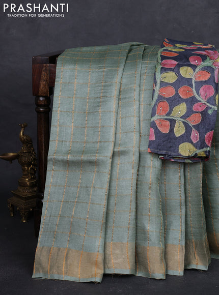 Pastel Green & Elephant Grey Pure Tussar Silk - Kalamkari Blouse