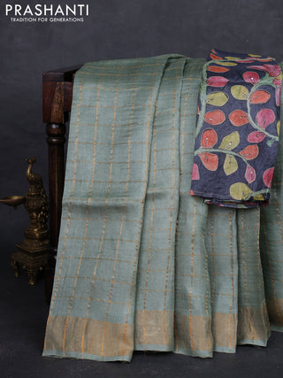 Pastel Green & Elephant Grey Pure Tussar Silk - Kalamkari Blouse