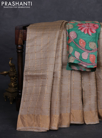 Beige & Green Pure Tussar Silk - Kalamkari Blouse