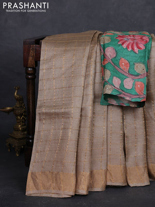 Beige & Green Pure Tussar Silk - Kalamkari Blouse
