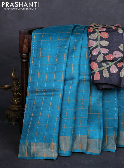 Teal Blue & Black Pure Tussar Silk - Kalamkari Blouse