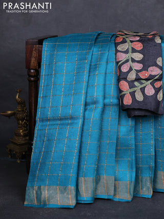 Teal Blue & Black Pure Tussar Silk - Kalamkari Blouse