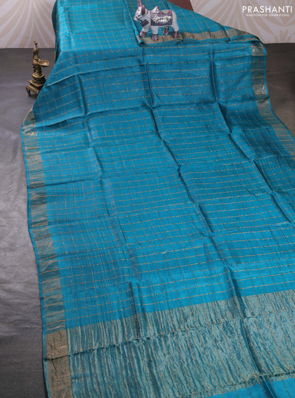 Teal Blue & Black Pure Tussar Silk - Kalamkari Blouse