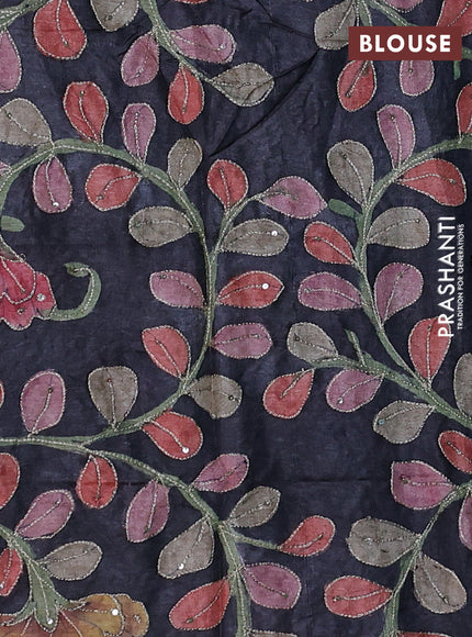 Teal Blue & Black Pure Tussar Silk - Kalamkari Blouse