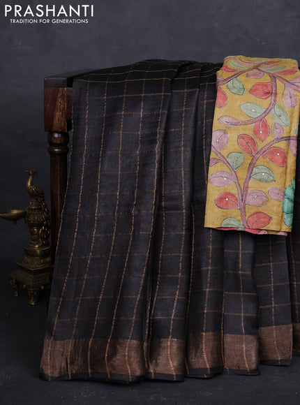 Black & Mustard Yellow Pure Tussar Silk - Kalamkari Blouse