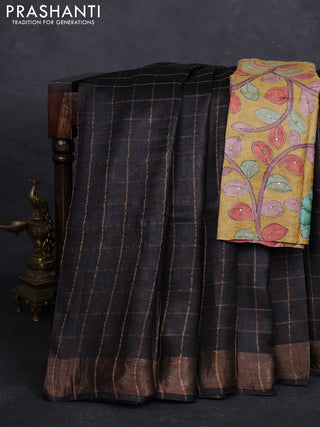 Black & Mustard Yellow Pure Tussar Silk - Kalamkari Blouse
