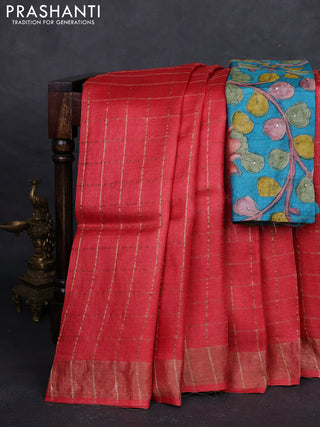 Red & Teal Blue Pure Tussar Silk - Kalamkari Blouse