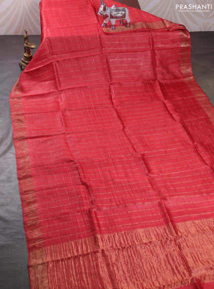 Red & Teal Blue Pure Tussar Silk - Kalamkari Blouse
