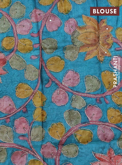 Red & Teal Blue Pure Tussar Silk - Kalamkari Blouse