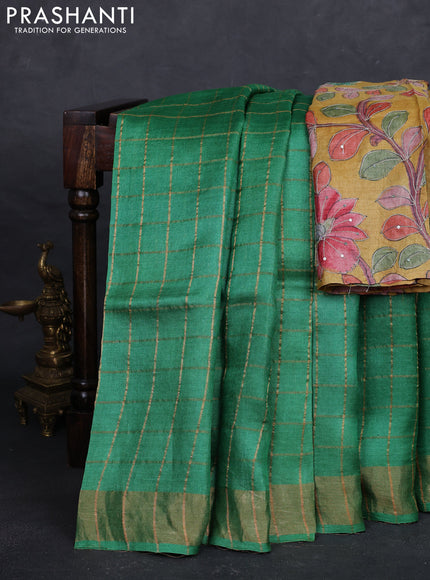 Green & Mustard Yellow Pure Tussar Silk - Kalamkari Blouse