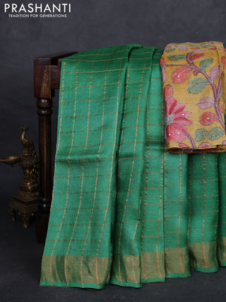 Green & Mustard Yellow Pure Tussar Silk - Kalamkari Blouse