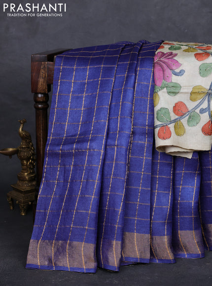 Blue & Cream Pure Tussar Silk - Kalamkari Blouse