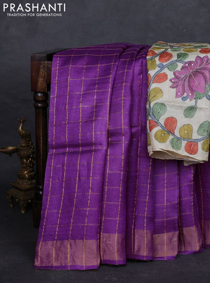 Purple & Cream Pure Tussar Silk - Kalamkari Blouse