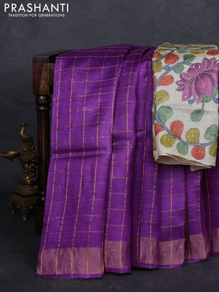 Purple & Cream Pure Tussar Silk - Kalamkari Blouse