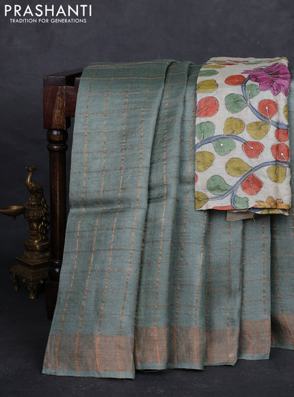 Pastel Green & Cream Pure Tussar Silk - Kalamkari Blouse