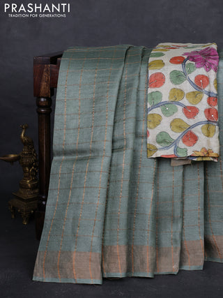 Pastel Green & Cream Pure Tussar Silk - Kalamkari Blouse