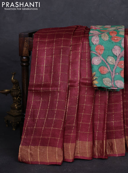 Maroon & Green Pure Tussar Silk - Kalamkari Blouse