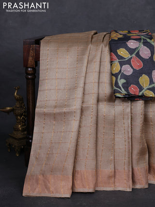 Beige & Black Pure Tussar Silk - Kalamkari Blouse