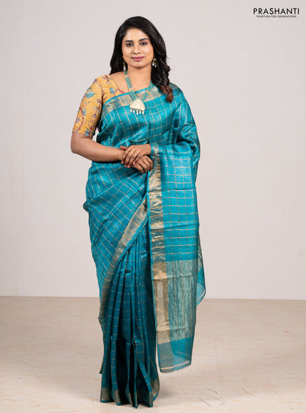 Teal Blue & Maroon Pure Tussar Silk - Kalamkari Blouse