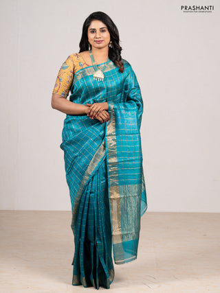 Teal Blue & Maroon Pure Tussar Silk - Kalamkari Blouse