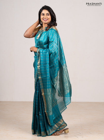 Teal Blue & Maroon Pure Tussar Silk - Kalamkari Blouse