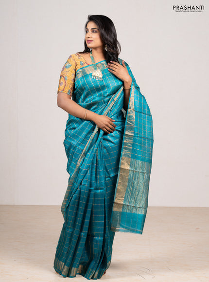 Teal Blue & Maroon Pure Tussar Silk - Kalamkari Blouse