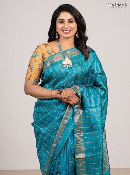 Teal Blue & Maroon Pure Tussar Silk - Kalamkari Blouse
