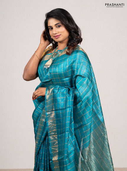 Teal Blue & Maroon Pure Tussar Silk - Kalamkari Blouse