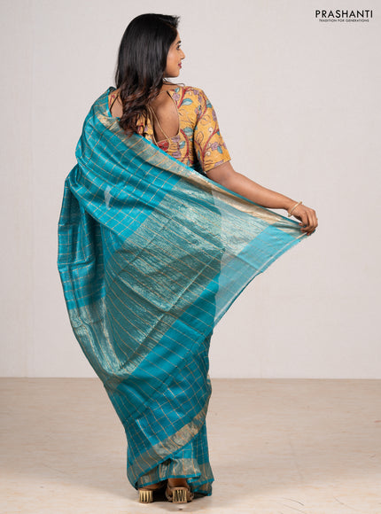 Teal Blue & Maroon Pure Tussar Silk - Kalamkari Blouse