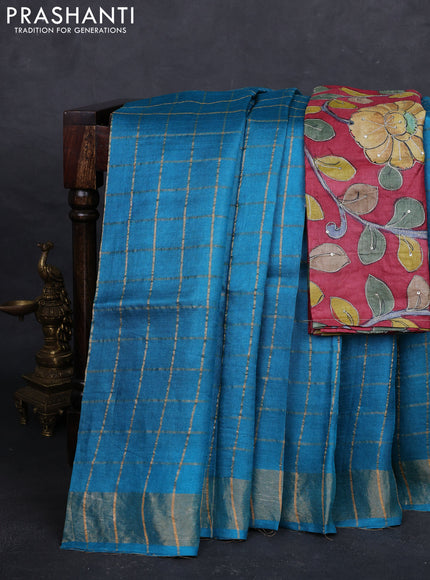 Teal Blue & Maroon Pure Tussar Silk - Kalamkari Blouse