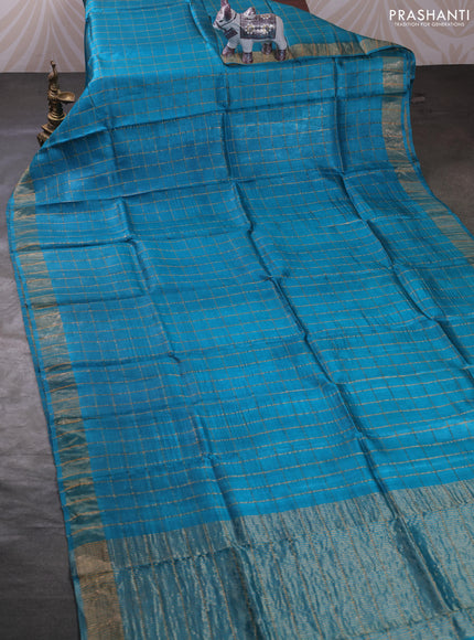 Teal Blue & Maroon Pure Tussar Silk - Kalamkari Blouse