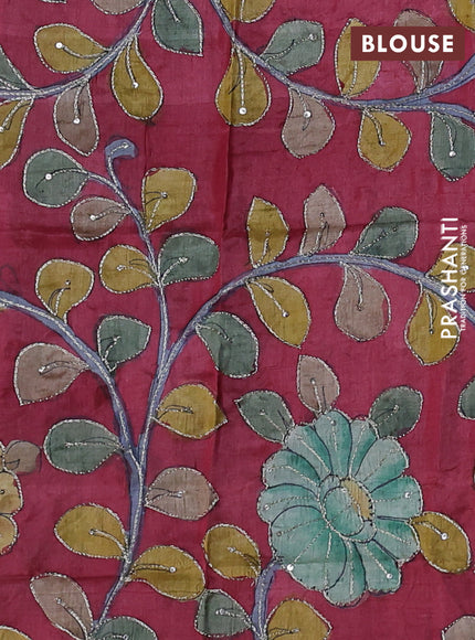 Teal Blue & Maroon Pure Tussar Silk - Kalamkari Blouse
