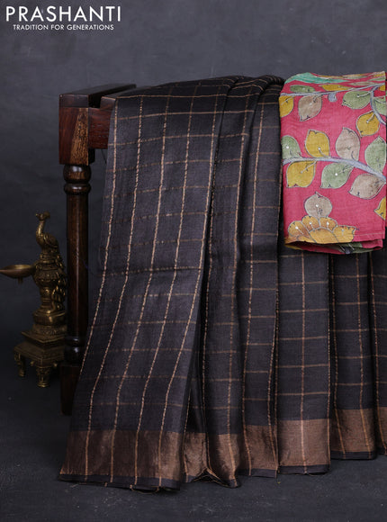 Coffee Brown & Maroon Pure Tussar Silk - Kalamkari Blouse