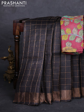Coffee Brown & Maroon Pure Tussar Silk - Kalamkari Blouse