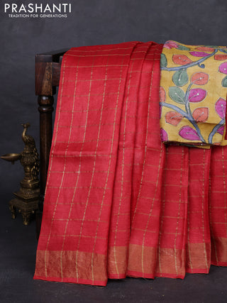 Red & Mustard Yellow Pure Tussar Silk - Kalamkari Blouse