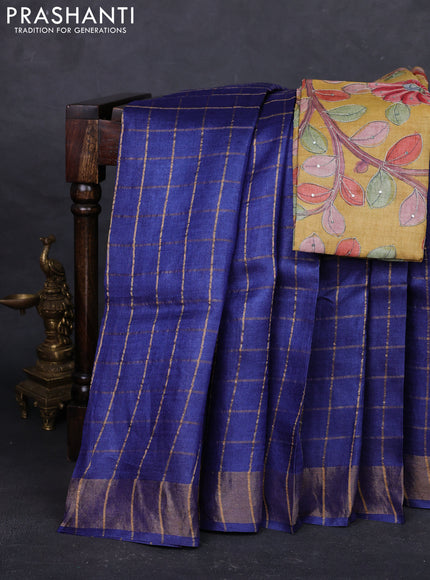 Blue & Mustard Yellow Pure Tussar Silk - Kalamkari Blouse