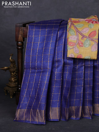 Blue & Mustard Yellow Pure Tussar Silk - Kalamkari Blouse
