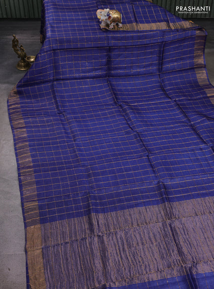 Blue & Mustard Yellow Pure Tussar Silk - Kalamkari Blouse