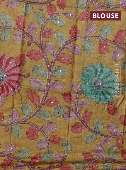 Blue & Mustard Yellow Pure Tussar Silk - Kalamkari Blouse