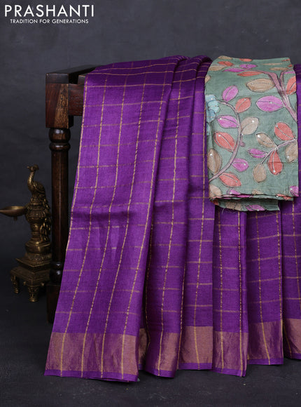 Purple & Pastel Green Pure Tussar Silk - Kalamkari Blouse