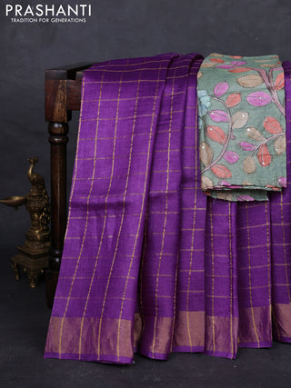 Purple & Pastel Green Pure Tussar Silk - Kalamkari Blouse