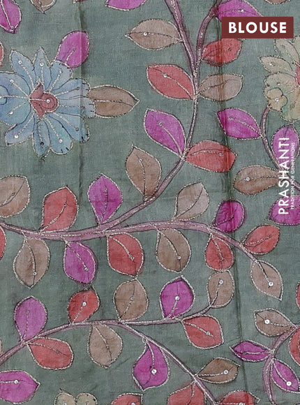 Purple & Pastel Green Pure Tussar Silk - Kalamkari Blouse