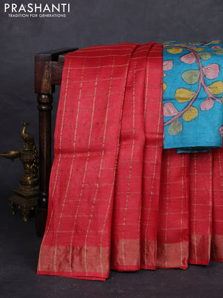 Red & Teal Blue Pure Tussar Silk - Kalamkari Blouse