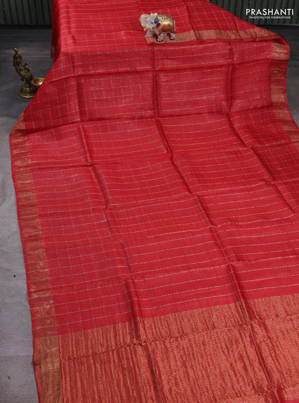 Red & Teal Blue Pure Tussar Silk - Kalamkari Blouse