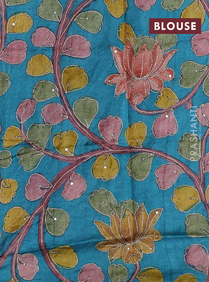 Red & Teal Blue Pure Tussar Silk - Kalamkari Blouse