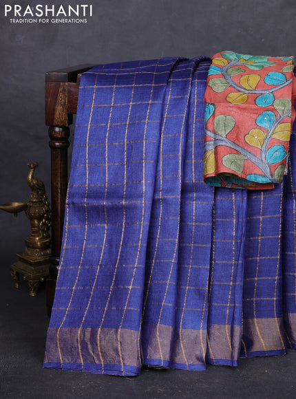 Blue & Rust Pure Tussar Silk - Kalamkari Blouse